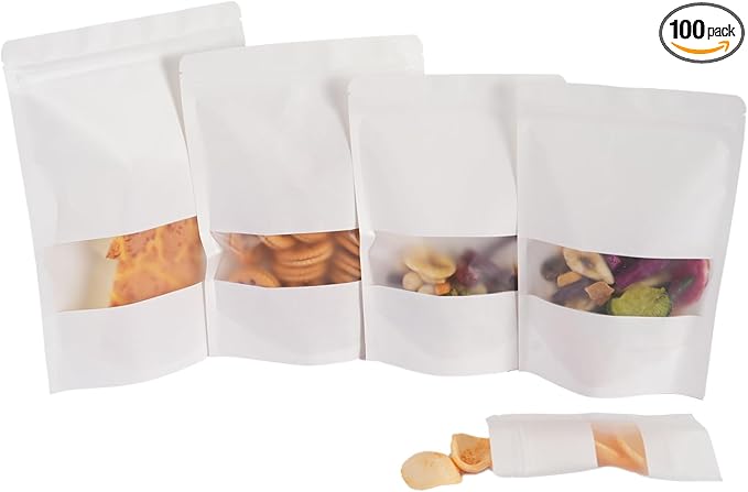100 Pcs White Kraft Paper Bags with Window, 3.5" x 5.5" Stand Up Pouches Bags, Zip Lock Food Storage Bags for Packaging Products, Reusable, Sealable