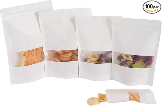 100 Pcs White Kraft Paper Bags with Window, 5.5" x 7.9" Stand Up Pouches Bags, Food Storage for Packaging Products, Reusable, Sealable