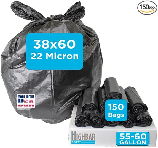 Large Black Trash Bags 55-60 Gallon Heavy Duty, 150 Count, High Density, 22 Micron, 38" x 60", Ideal for Schools, Janitorial, Bathrooms,