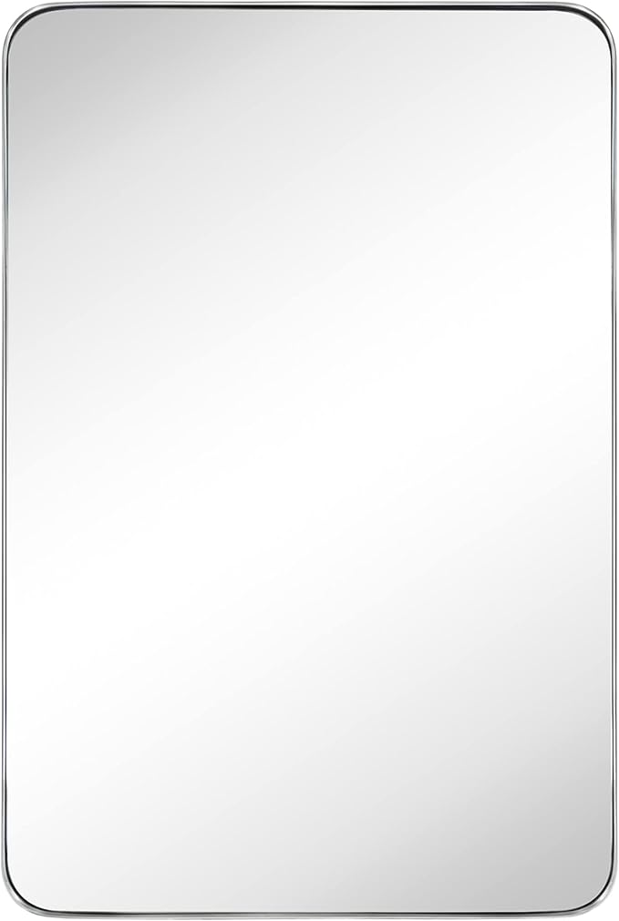 GRACTO 24x36'' Brushed Nickel Metal Framed Bathroom Mirror for Wall in Stainless Steel Rounded Rectangular Bathroom Vanity Mirrors Wall Mounted