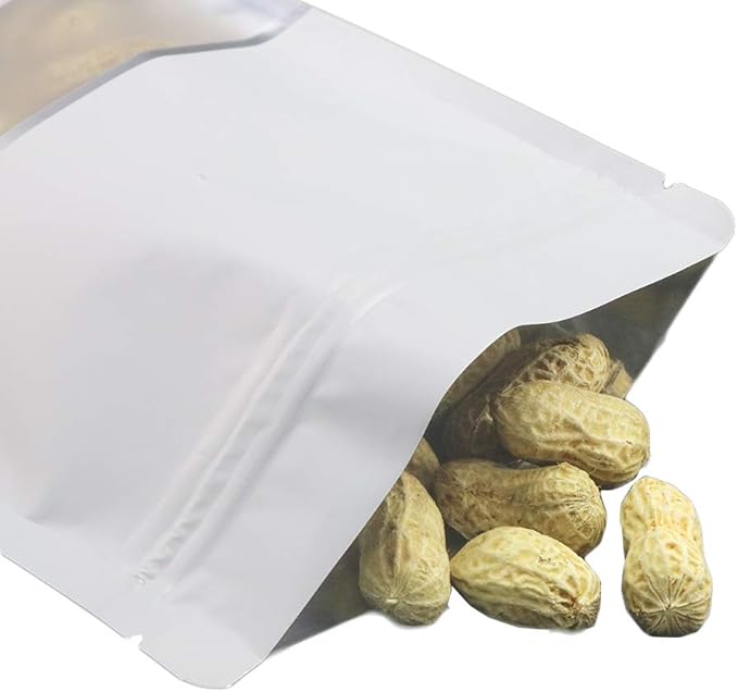 4CP 100 Pcs White Zipper Smell Proof Bags with Window, 6.3x9.5 Inch Stand Up Foil Pouches for Food Selfsealing Storage, Reusable Bag for Packaging Small Business, Cookies, Nunt, Candy