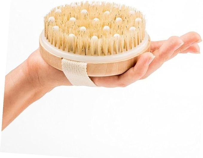Exfoliating Bath Brush with Natural Bristles and Hand Strap Medium Stiffness Shower Scrubber for Dead Skin Removal Massage and Stimulation Body Brush for Feet Knees and Legs