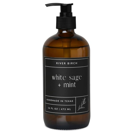River Birch White Sage + Mint Scented Natural Hand Soap - Handmade Soap - Moisturizing Hand Wash with Amber Glass Dispenser - Luxury Scented and Hydrating - Vegan and Non-Toxic - 16 Fl Oz