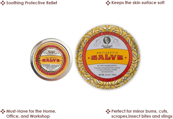 Rawleigh Antiseptic Yellow Salve Small Tin: 0.96 oz, Natural, Multi-Purpose Ointment Soothes Skin Cuts, Bruises, Irritations, with Turpentine, Phenol, Cottonseed Oil, Original Formula - Pack of 6