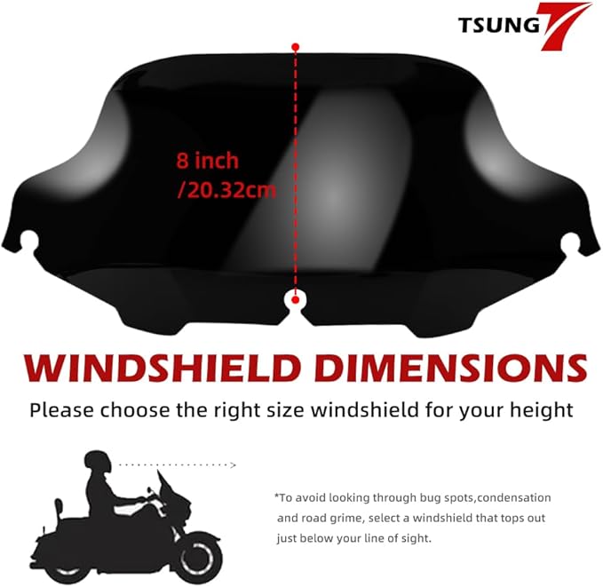 TSUNG 8" Black Wave Windshield – Wind Splitter Windscreen Fit for 1996-2013 Touring-Style & Bagger-Style Motorcycles (Fit 96-13 Black, 8inch)