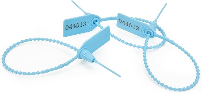 200pcs Plastic Security Tamper Seals Shipping Tags Disposable Signage Numbered Pull Tight Padlock Safety Self-Locking Seal Ties Tag, Light Blue