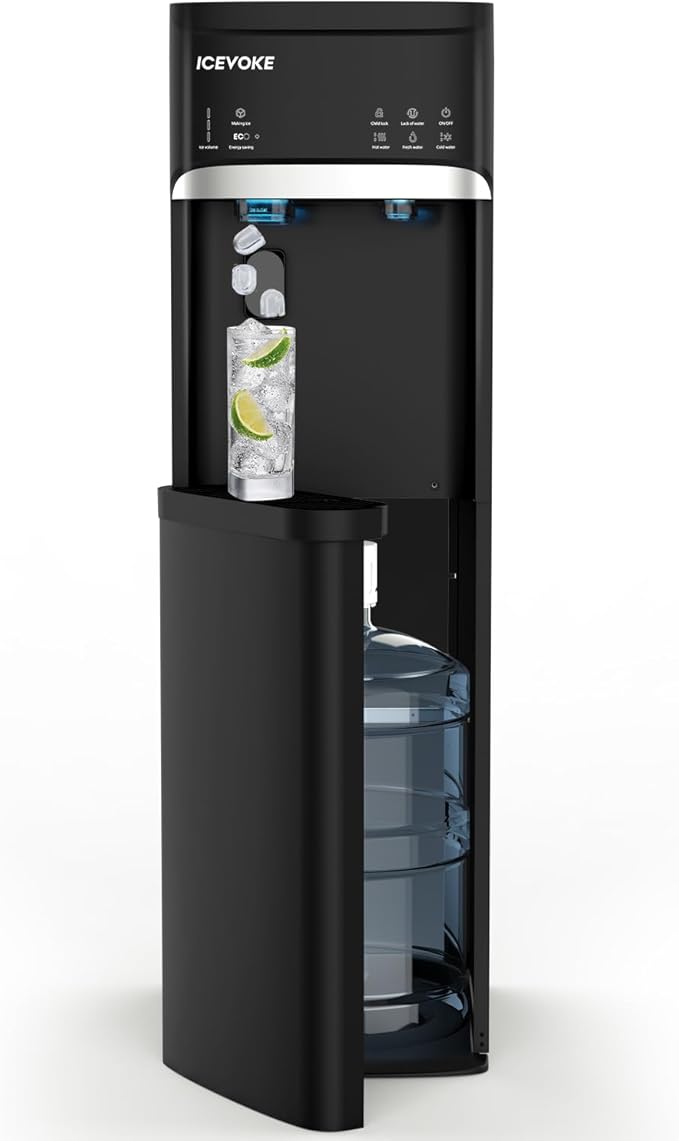 3 in 1 Self-Cleaning Water Dispenser with Ice Maker, Bottom Loading Hot and Cold Water Cooler for 5 Gallon Bottle - Includes Child Safety Lock & Nightlight - Water Machine for Home, Office