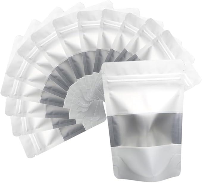 White Smell Proof Packaging Bags,Mylar Clear Bags for Food Storage,Sealable Bag for Packaging,Stand Up Pouches with Window,ReSealable Bag for Small Business,Cookies,Candy