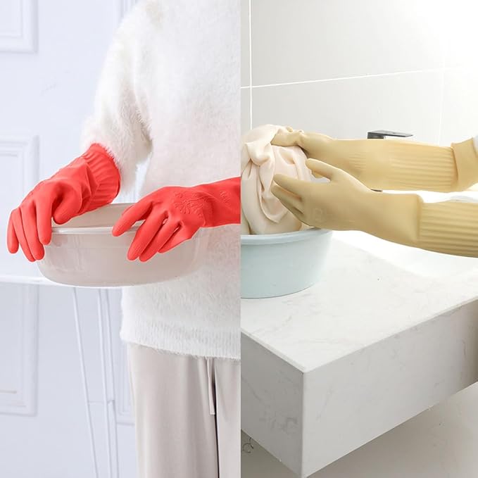 Household Dishwashing Cleaning Rubber Gloves 2 Pairs, Reusable Waterproof Kitchen Gloves Non-Slip Cleaning Gloves
