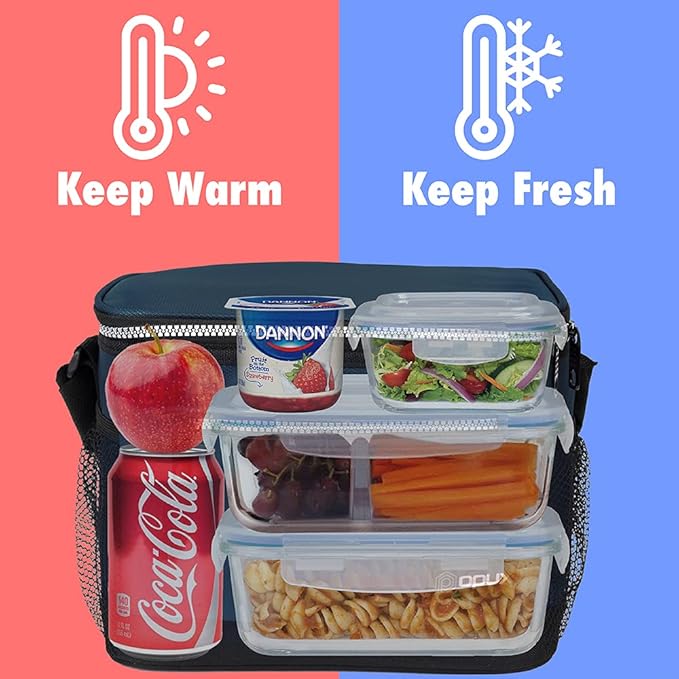 opux Insulated Lunch Box Men Women, Lunch Bag for Work School, Leakproof Soft Cooler Tote Adult, Large Lunch Pail Kids Boys Girls, Picnic Beach Food Bag with Shoulder Strap, Navy