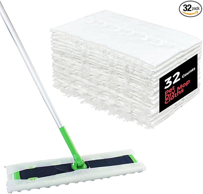 XL Dry Sweeping Cloths Heavy Duty Pet Dry Mop Refill X-Large Multi-Surface Floor Cloths for Cleaning Dust,Dirt and Pet Hair,32 Counts
