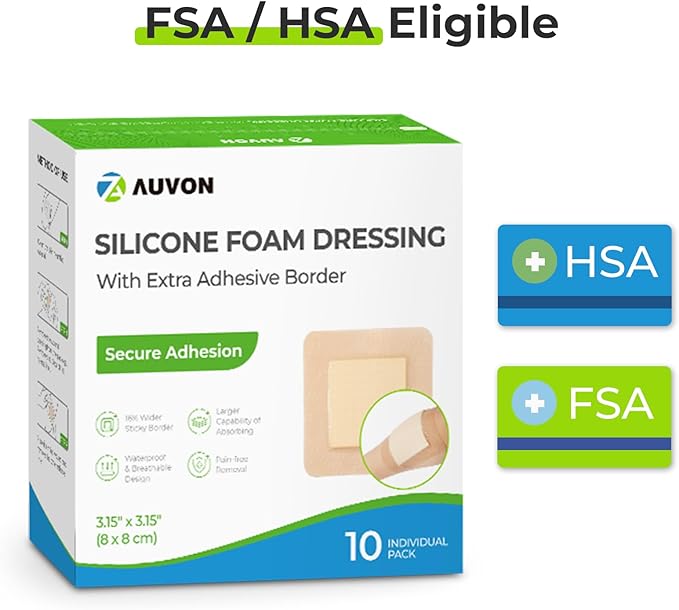 AUVON Silicone Foam Dressing with Large Adhesive Border, 3" x 3" 10 Packs Wound Dressing Bandage with High Absorbency, Waterproof Silicone Foam Pads for Wound Care & Protection Plus Cushioning