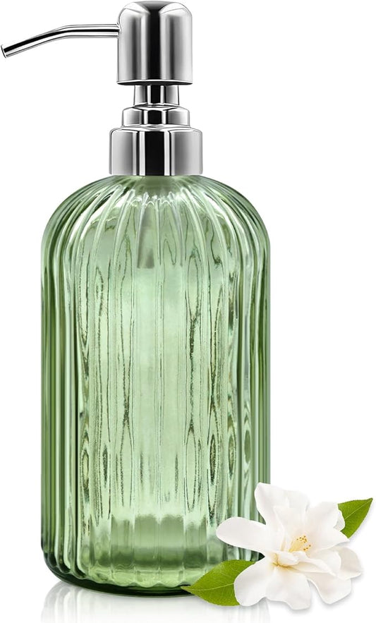18 Oz Glass Soap Dispenser with Stainless Steel Pump, Modern Ribbed Design Refillable Liquid Soap Bottle for Bathroom, Kitchen, Hand Soap, Dish Soap, or Lotion (Light Green)
