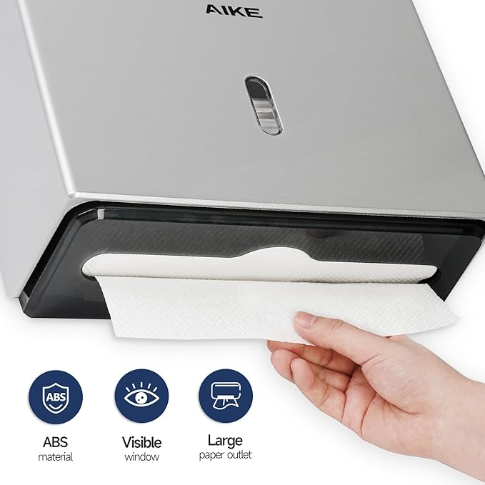 AIKE 200 Sheets Wall Mount Paper Towel Dispenser with Clear Window.Fit Multifold Paper Size 10"x3.1" or Smaller,Silver Finish