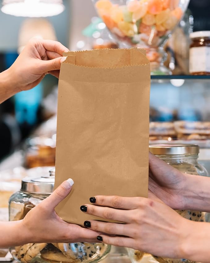 Bakepacker 100 Pcs Brown Treat Paper Bags with 100 Stickers 5.1"x3.1"x9.4" Kraft Small Party Gift Bag Snack Bag without Handle