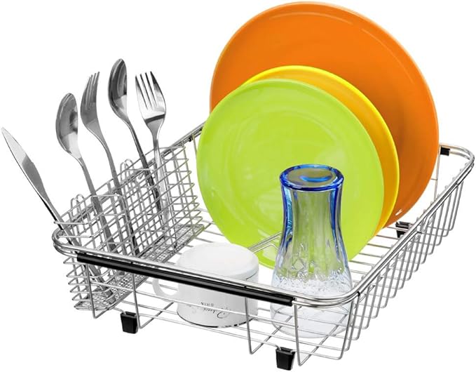 SANNO Dish Drying Rack with Stainless Steel Utensil Holder Large Dish Rack Drainer Drain Expandable Shelf Dish Rack in Sink or Over Sink or On Counter Rustproof Stainless Steel