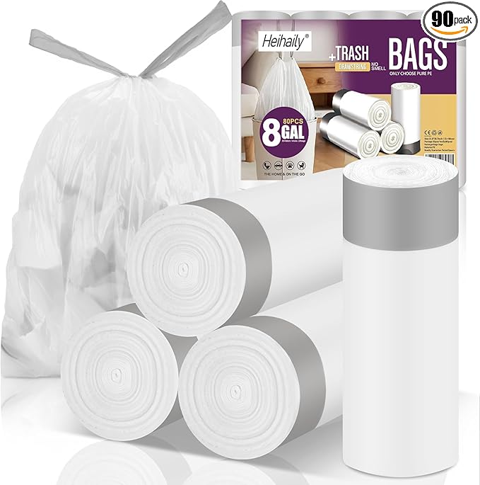8-Gallon Garbage Bags Medium Drawstring-Trash-Bag - 80 Counts Strong Heavy Duty Unscented Contractor Recyclable Plastic Liner for Restroom Waste Basket Clear White, 4 Rolls heihaily