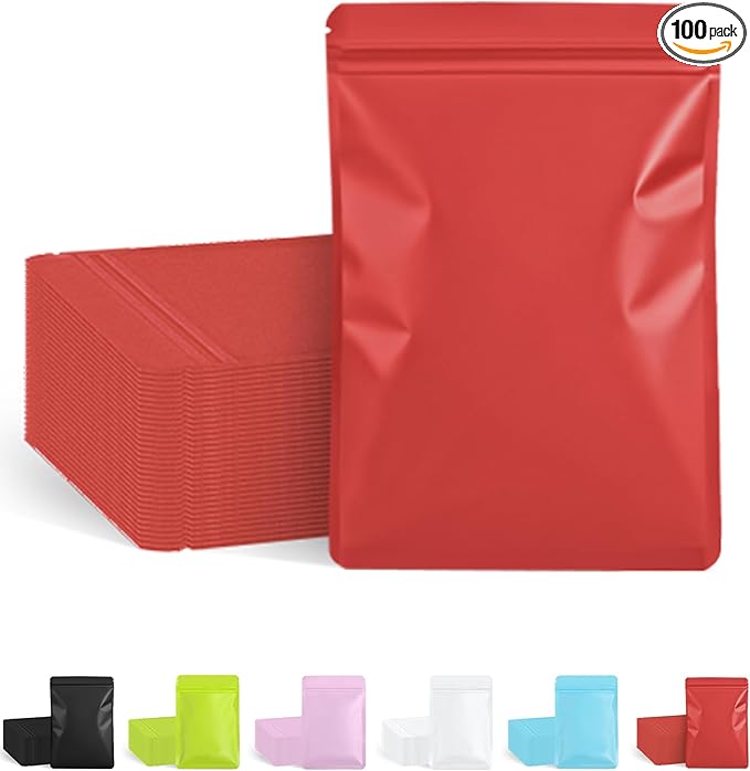 FireKylin 100 Pack Resealable Packaging Bags for Small Business Double-Sided Color Smell Proof Bags for Food Storage Flat Bags (Red, 4" x 6")