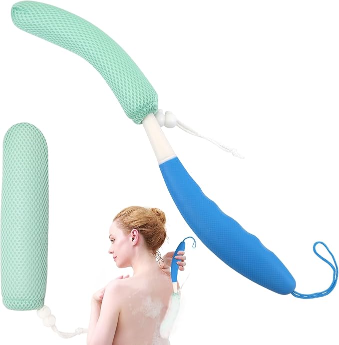 KkaFFeKkaFFe Shower Back Brush With Long Handle, 15.35" Body Brush, Back Scrubber for Men Women, Handled Sponge Body Exfoliator, Loofah Scrubber for Aid Bathing