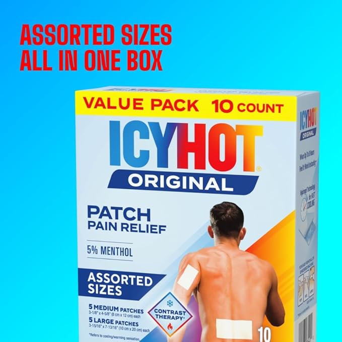 Icy Hot Original Pain Relief Patch Variety Pack with 5% Cooling Menthol for Fast-Acting Muscle and Joint Pain Relief, 5 Medium and 5 Large Comfortable Fabric Patches, 10 Ct., 2 pk