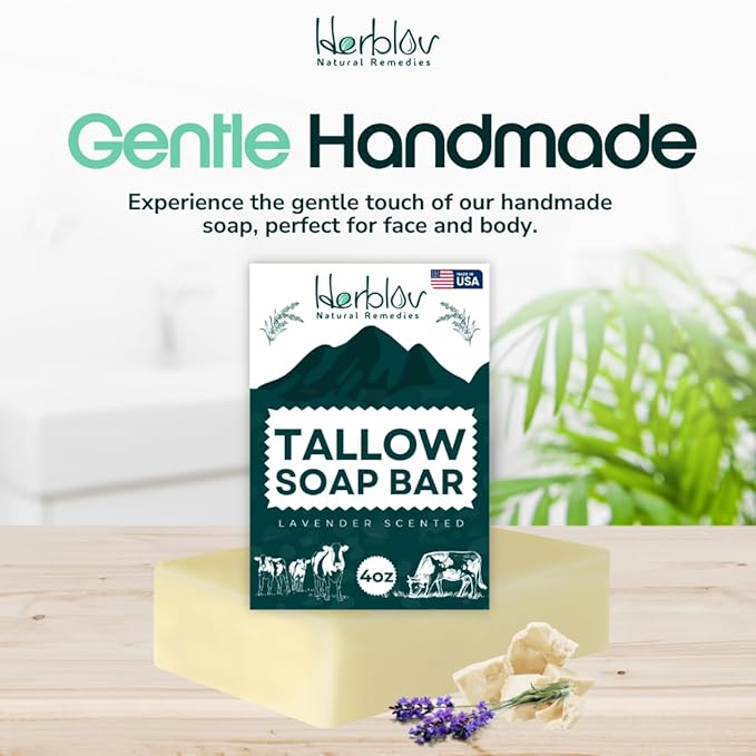 Beef Tallow Soap Bar – All Natural Grass Fed Tallow Soap Lavender – Moisturizing Face & Body Wash Great for Eczema, Dry, Itchy, Sensitive Skin – Handcrafted Bath Soap for Adults, Kids, Made in USA