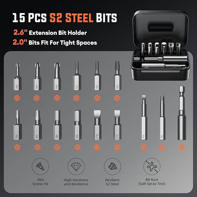 Electric Screwdriver Set - 4V Cordless Screwdriver Rechargeable 2500mAh - 5 Torque Settings Power Screwdriver 250RPM 5N·m Max - Tools for Furniture Electrical Repairs - LED, 15 S2 Metal Bit, 1/4" Hex