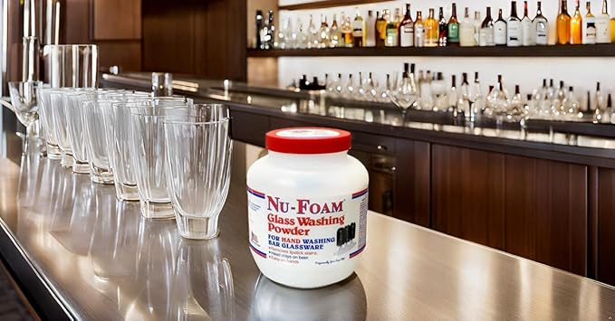Nu-Foam Glass Washing Powder - Detergent for Bar Glassware – Original Streak-Free Solution - Hand Washing Bar, Tavern, Brewery Supplies - Spotless Serving Glasses - Easy On Hands - 4 Lb Jar