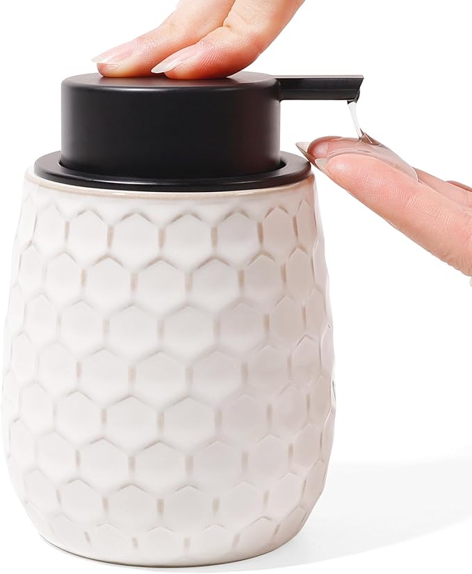 Soap Dispenser, 13 OZ Ceramic Liquid White Hand Soap Dispenser with Honeycomb Design for Kitchen or Bathroom, Refillable Dish Lotion Dispenser, ANTIS'S HOME