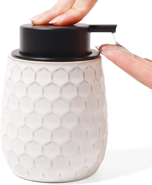 Soap Dispenser, 13 OZ Ceramic Liquid White Hand Soap Dispenser with Honeycomb Design for Kitchen or Bathroom, Refillable Dish Lotion Dispenser, ANTIS'S HOME