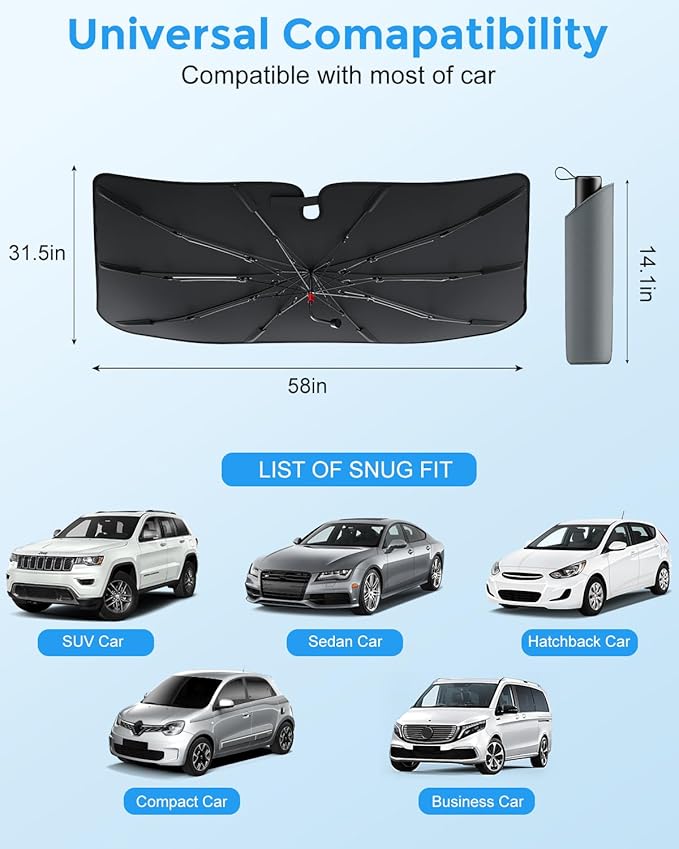 [2025 Updated] Bolamp Car Windshield Sun Shade, [Effective Keep Cool] Spring Structure Umbrella Sunshade for Automobile Windshield, Protect Cars Interior from Sun Rays, Heat Damage - Medium