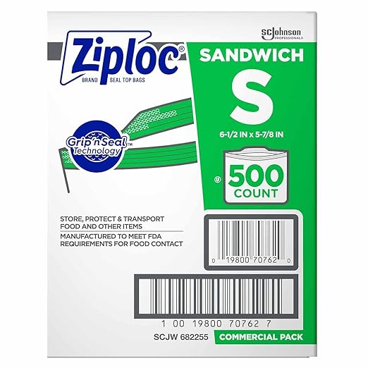Ziploc 682255 Resealable Sandwich Bags, 1.2mil, 6 1/2 x 6, Clear, Box of 500
