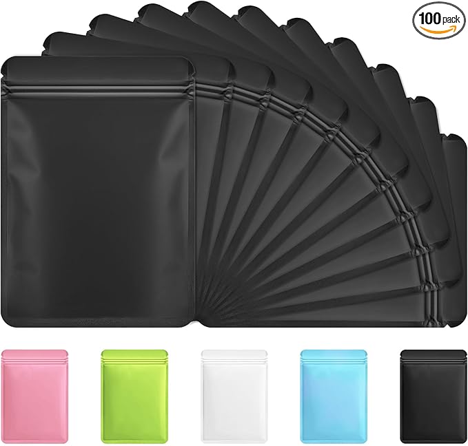 Funfery 100 Pack Black Mylar Packaging Bags Resealable Bags Double Sided Color Odor Proof Pouch Baggies Smell Proof Foil Bag for Food Storage,Small Business(Black,3x4inch)