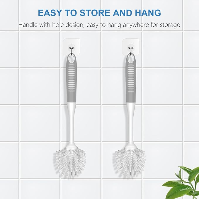 SetSail Dish Brush with Handle, 2 Pack Stiff Bristles Dish Scrubber with Built-in Scraper Dish Scrub Brushes for Cleaning Dishes, Pots and Pans, Kitchen Sink, 3 Pack, Grey White
