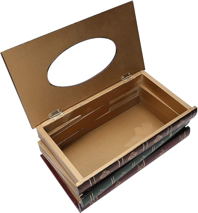 Book Shaped Tissue Box, Wooden Tissue Box with Hand Painted Antique, Large Capacity Napkin Holder for Home Car Decor, Storage Box for Small Items