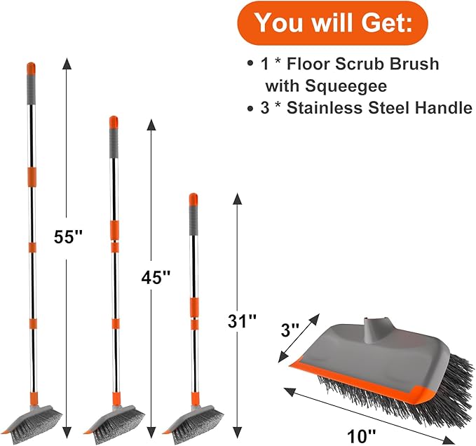 BITOPE Deck Scrub Brush with Long Handle, Heavy Duty Floor Scrubber with Stiff Bristles,Garage Concrete Cleaner Tool for Cleaning Tile Patio Outdoor Porch Indoor Kitchen Shower Bathroom