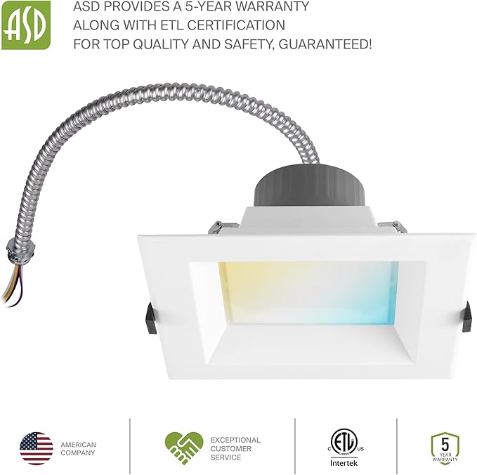 ASD Commercial LED Downlight 6 Inch, Square Power Adjustable Downlights 12/16/22/26/30W, LED Recessed Lighting 120-277V, 5 CCT 2700K-5000K, Dimmable Ceiling Light Fixture, IC Rated, White, ETL, 8 Pack