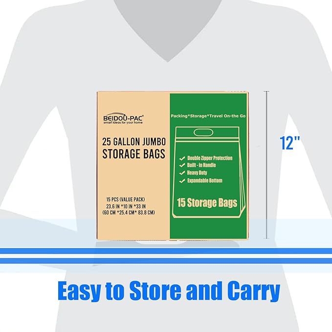 25 Gallon Jumbo Storage Bags with Handle, 15 Count | Double Zipper Seal | Expandable Bottom, Resealable Clear zip Bags for Home, Travel, Moving, Commercial and Outdoor