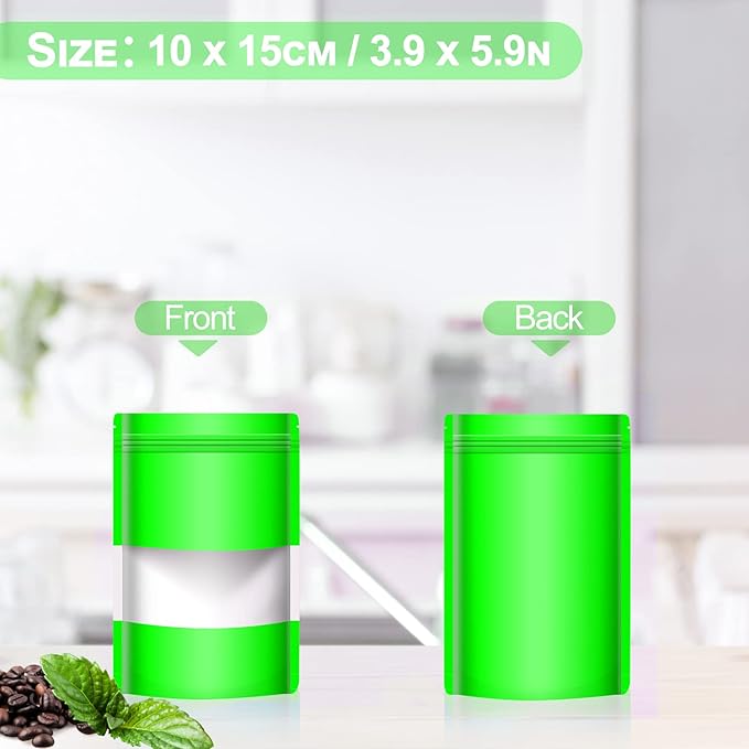 100 Pack Smell Mylar Proof Bags for Food Storage, Resealable Packaging Bags for Small Business, Stand Up Foil Pouches Reusable Heat Sealable Bags with Clear Window (Green, 3.9x5.9 In)