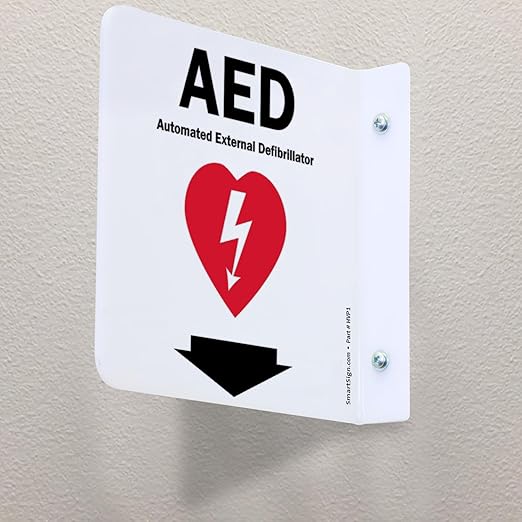 SmartSign (2-Pack) AED Projecting Sign - 6" x 6", Two-Sided Wall Mount Polished Acrylic Hallway Sign with Down Arrow, Red, Black and White