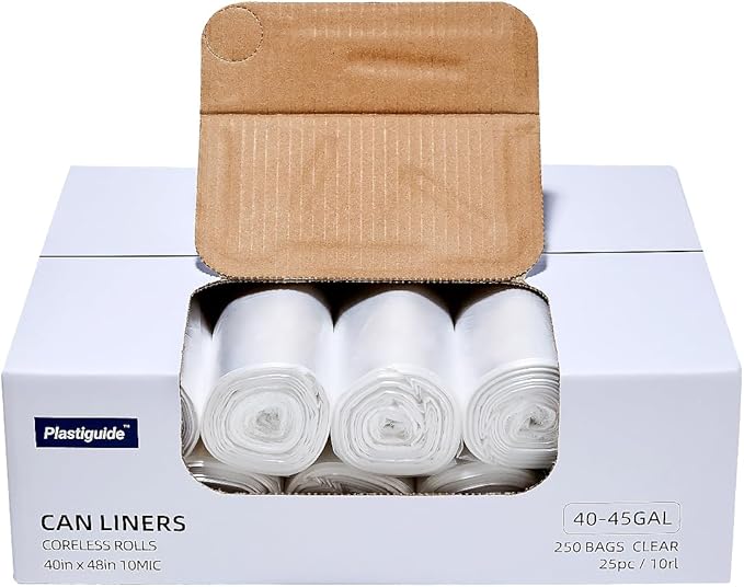 40-45 Gallon Clear Trash Can Liners - 250 Count Bulk, 40'' x 48'', High Density Garbage Bags for Outdoor, Recycling, Commercial, and Industrial Use