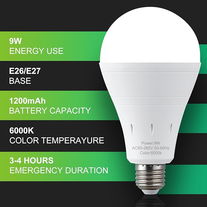 6 Pack Rechargeable Emergency Light Bulbs, Battery Powered Energy Efficient LED Light Bulb 6000K Daylight E26 120 Volt 9W 60W Equivalent with 1200mAh for Home Power Outage Camping Hurricane