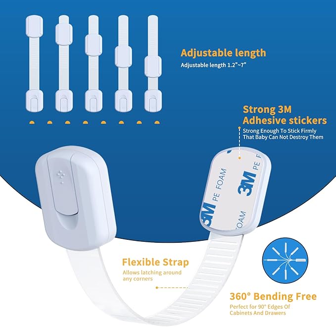 10-Pack Child Safety Cabinet Locks，Adjustable No Drilling Baby Proofing Strap Latches for Drawers,Cupboard,Cabinets,Fridge,Toilet Seat,Door,Closet–No Tool Easy 3M Adhesive Installation