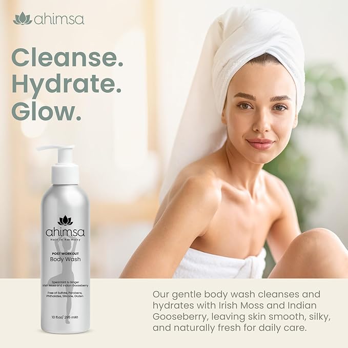 Ahimsa Natural Body Wash for Women, Hydrating & Moisturizing Body Wash Sensitive Skin, Antioxidant-Rich Bath & Shower Gels with Spearmint & Ginger, Gentle, Plant-Based, Organic Formula, 10oz