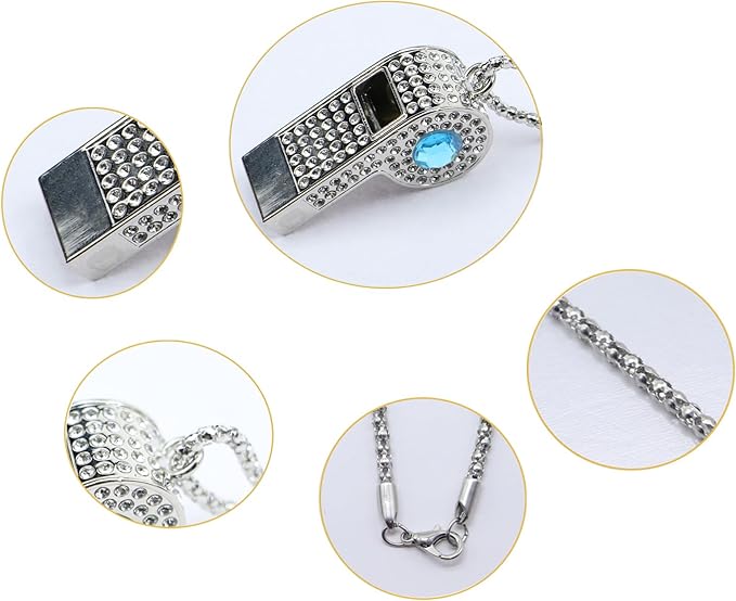Bling Whistle Metal Rhinestone Lanyard Whistle Loud Sound with Chain for Coach,Referee,Emergency,Lifeguard,Teachers-Includes Gift Packaging(Sliver-Blue)