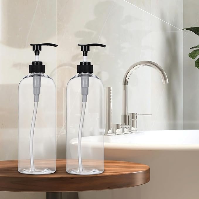 Yebeauty Pump Bottle Dispenser, 33.8oz 1000ml Empty Plastic Shampoo and Conditioner Dispenser, Refillable Shower Soap Dispenser Pump Bottle Containers for Bathroom Kitchen, 2 Pack Clear