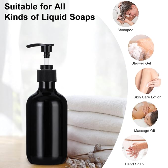 Yebeauty Pump Bottle Dispenser, 10oz 300ml Empty Plastic Shampoo Conditioner Dispenser, Refillable Shower Soap Dispenser Pump Bottle Liquid Containers for Kitchen Bathroom, 2 Pack Black