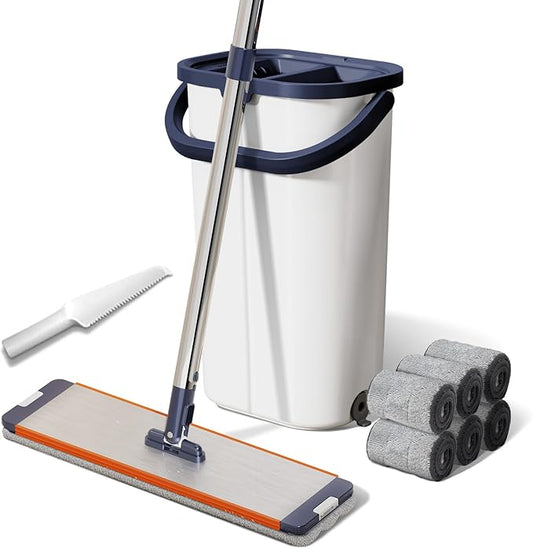 Mop and Bucket with Wringer: Hands-Free for Floors & Walls | Adjustable 360" Stainless Handle & 6 Reusable Microfiber Pads | Housewife/Parent-Friendly Design