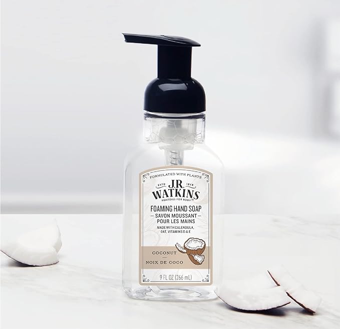 J.R. Watkins Foaming Hand Soap Pump with Dispenser, Moisturizing Hand Soap Foam, Alcohol-Free and Cruelty-Free, Use for Kitchen or Bathroom, Coconut, 9 fl oz, 3 Pack