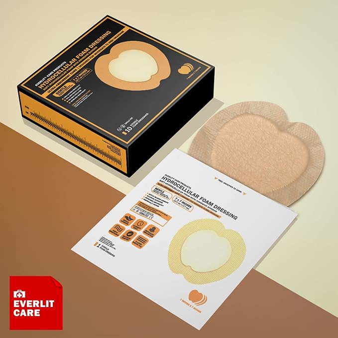 EVERLIT Sacrum Silicone Foam Dressing | Highly-Absorbent Waterproof Sacral Bandage Pad for Bed Sore Pressure Ulcer Wound Care | Sterile Adhesive Dressing for Chronic Wounds (7" x 7" | 10 Pack)