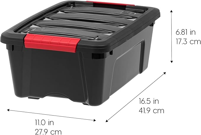 IRIS USA 12 Quart Hard Plastic Stack and Pull Closet Black Storage Box with Built In Handles, 6 Pack